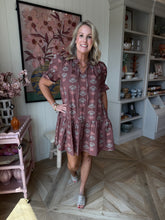 Load image into Gallery viewer, Brown Floral Short Sleeve Tie Neck Dress
