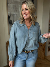 Load image into Gallery viewer, Denim Long Sleeve Ruffle Collar
