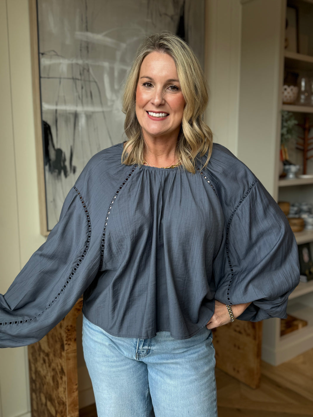 Dark Indigo Lace Trim Blouse