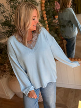 Load image into Gallery viewer, Sky Blue Lace Trim Sweater
