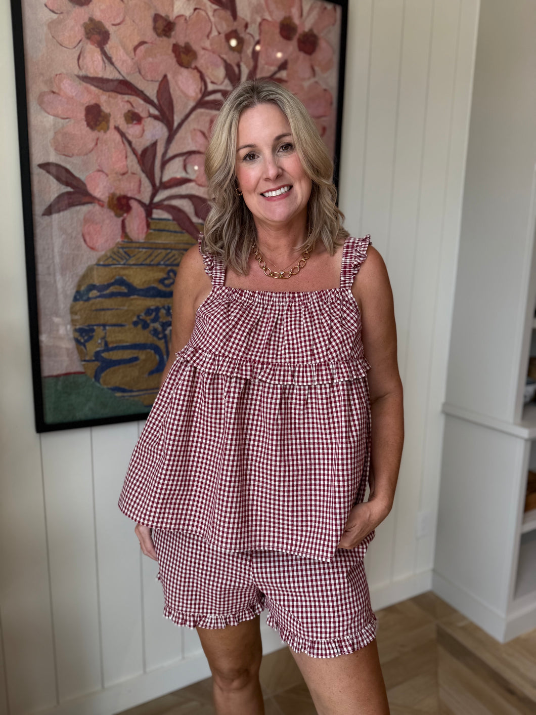 Red Gingham Ruching Tank Top