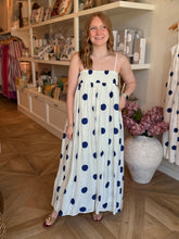 Load image into Gallery viewer, Navy Polka Dot Spaghetti Dress
