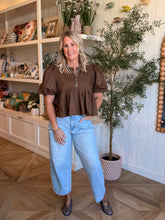 Load image into Gallery viewer, Brown Pleated Puff Sleeve Blouse
