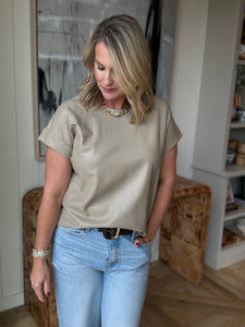 Faux Leather Taupe Cap Sleeve Blouse