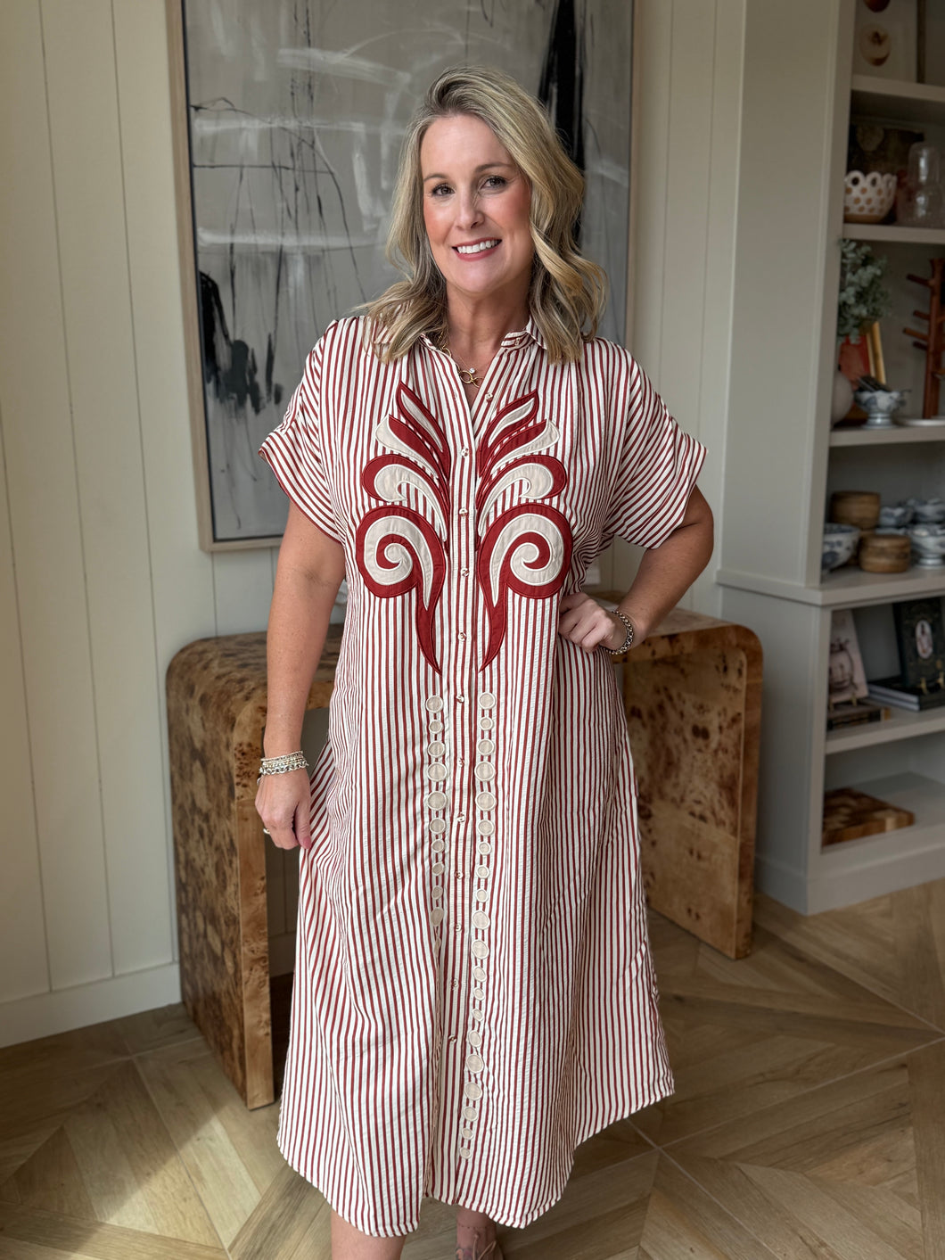 Brick Filagree Stiped Midi Dress