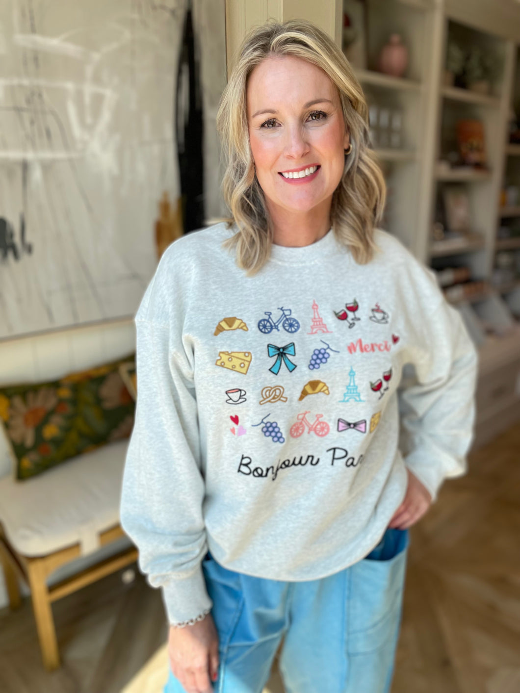 Grey Bonjour Embroidery Sweatshirt