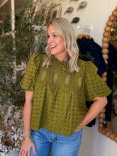 Load image into Gallery viewer, Olive Eyelet Puff Sleeve Top
