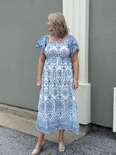 Load image into Gallery viewer, White &amp; Blue Embroidery Smocked Dress
