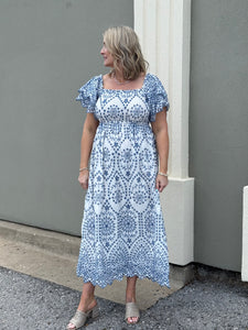 White & Blue Embroidery Smocked Dress