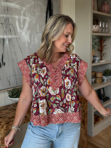 Burgandy Print Quilted Top