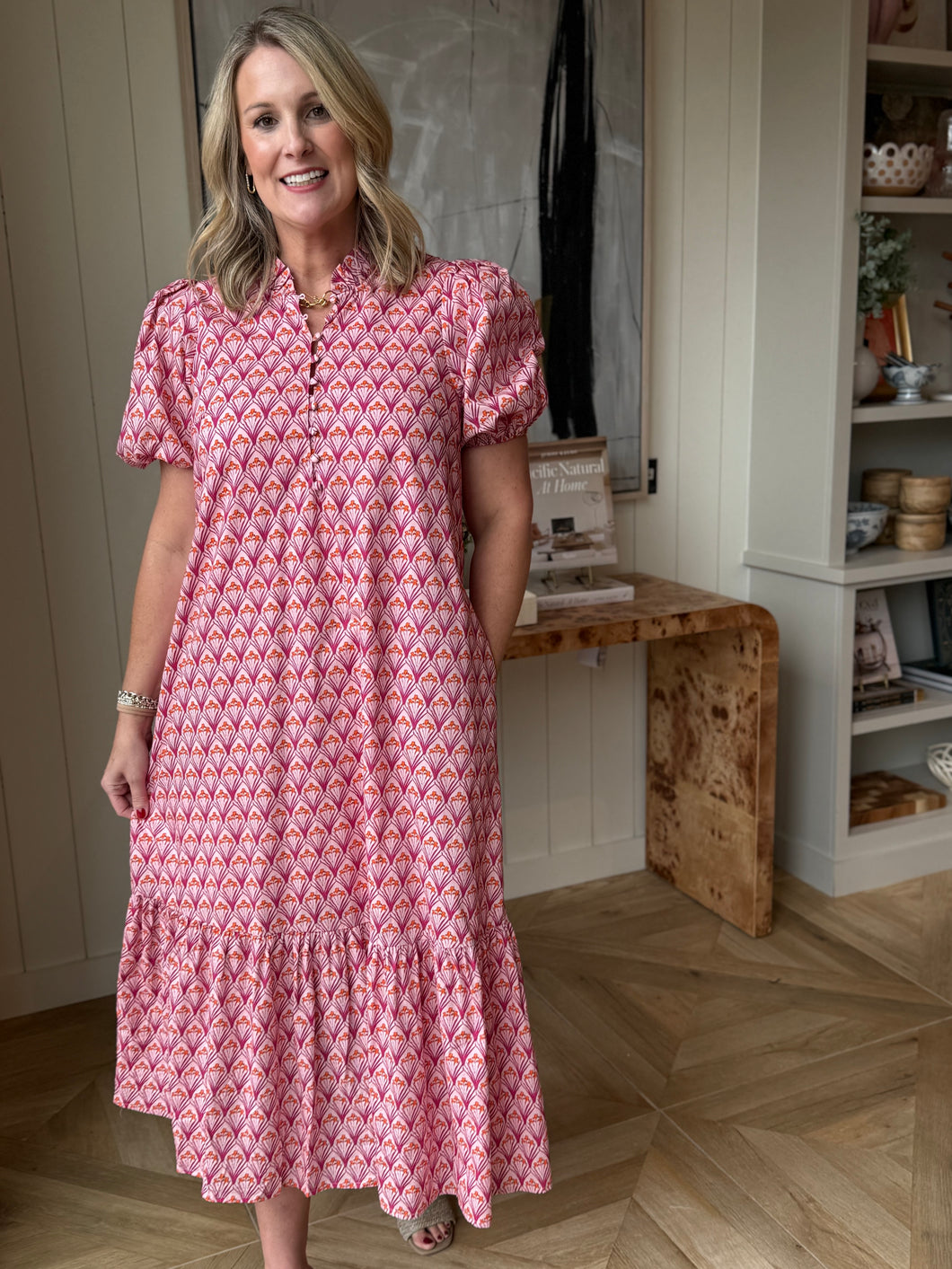Pink & Orange Puff Sleeve Long Dress