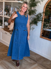 Load image into Gallery viewer, Long Denim Gold Buckle Midi Dress
