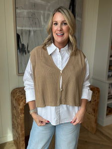 Tan V-Neck Open Sweater Vest