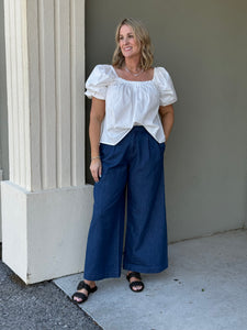 Pleated Wide Leg Chambray Pants
