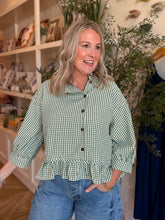 Load image into Gallery viewer, Forest Green Gingham Peplum Top
