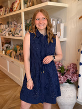 Load image into Gallery viewer, Navy Eyelet Drawstring Short Dress

