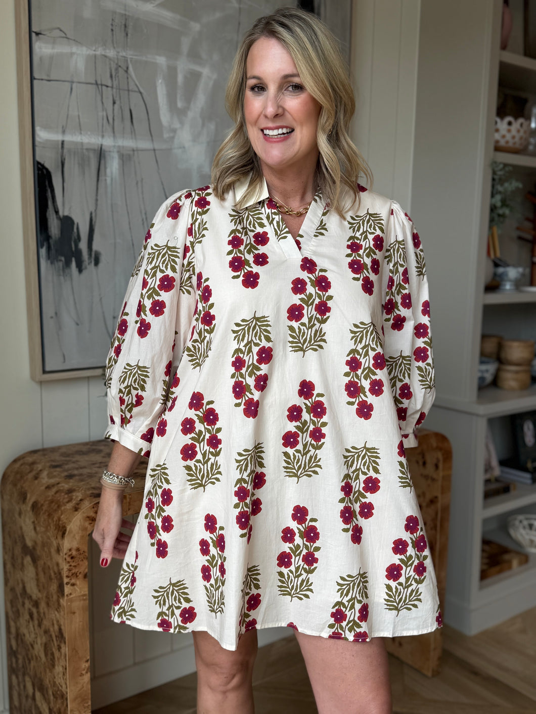 Ivory & Red Floral Short Dress-Plus Sizes Available