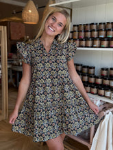 Load image into Gallery viewer, Black Floral Print Flutter Sleeve Dress
