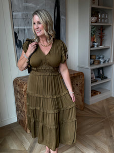 Cafe Brown V-Neck Ruffle Midi Dress