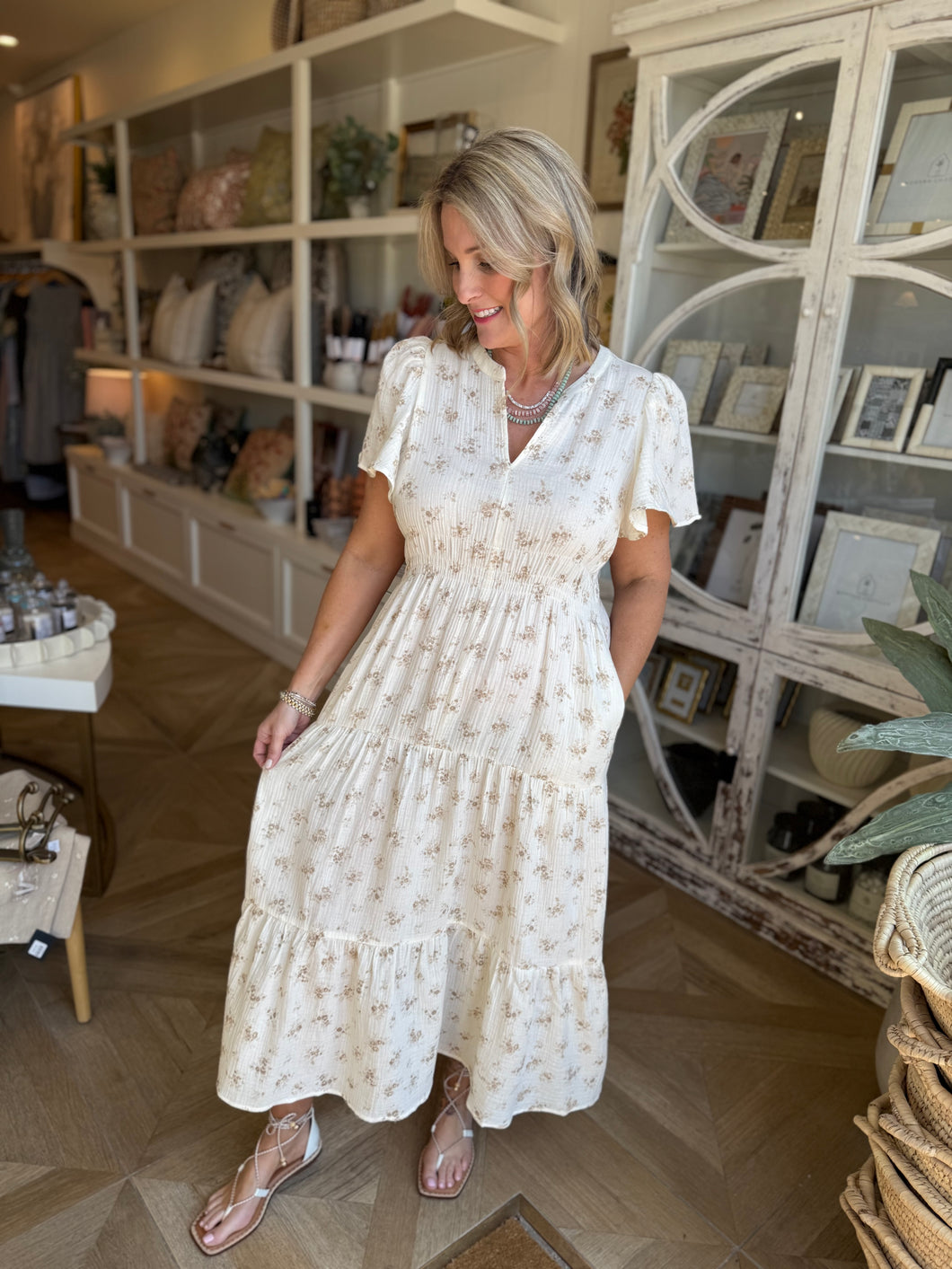 Ivory Printed Gauze Midi Dress