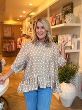 Load image into Gallery viewer, Taupe &amp; White Polka Dot Peplum Top - Plus Sizes Avail

