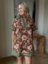 Load image into Gallery viewer, Brown, Green &amp; Pink Floral Dress- Plus Sizes Availabloe

