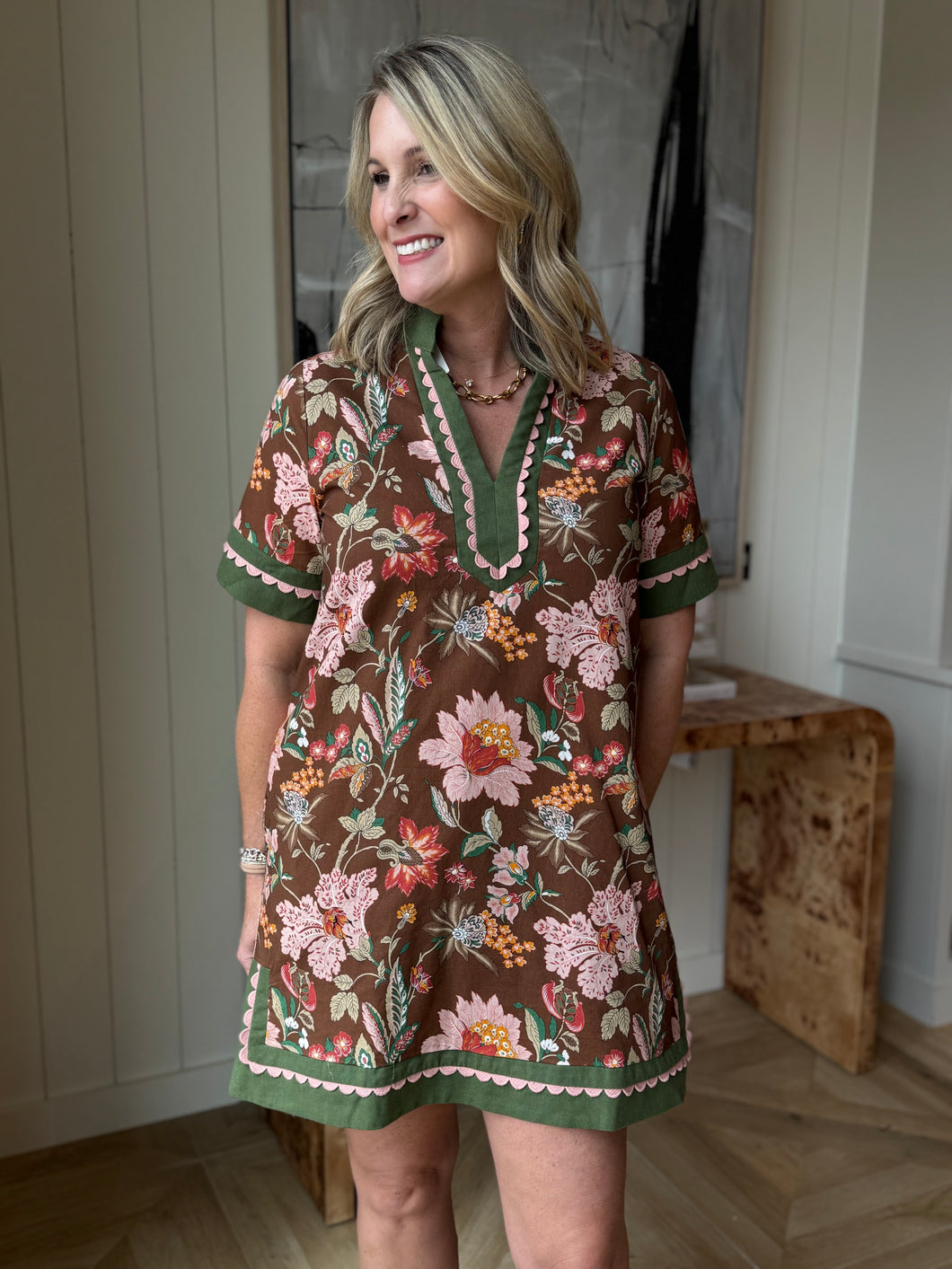 Brown, Green & Pink Floral Dress- Plus Sizes Availabloe