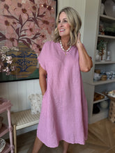 Load image into Gallery viewer, Pink ONE SIZE Linen VNeck Midi Dress
