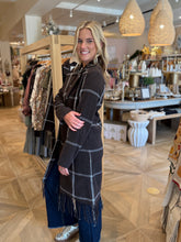 Load image into Gallery viewer, Dark Fudge Plaid Midi Coat with Fringe
