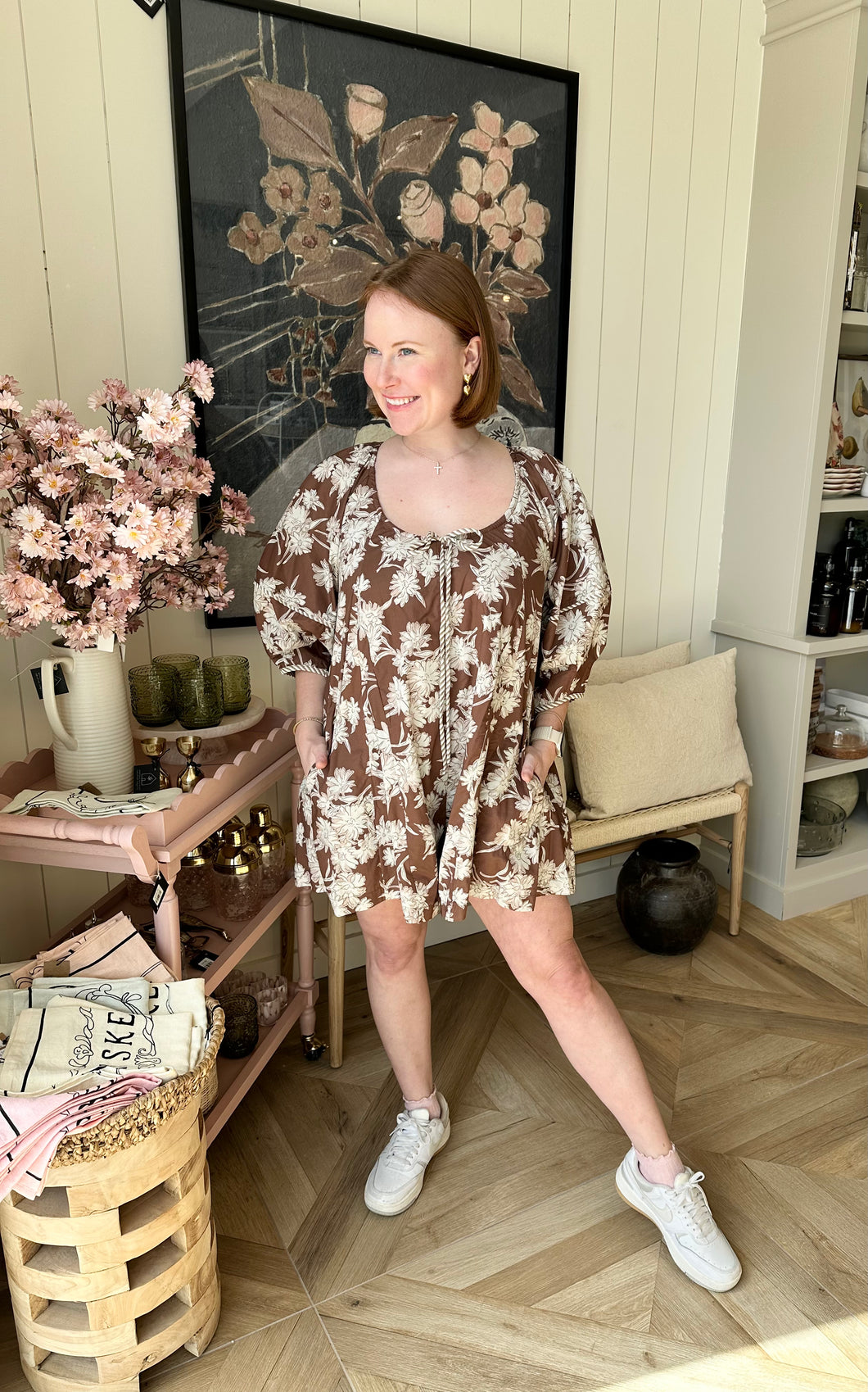 Brown Floral Short Romper Dress