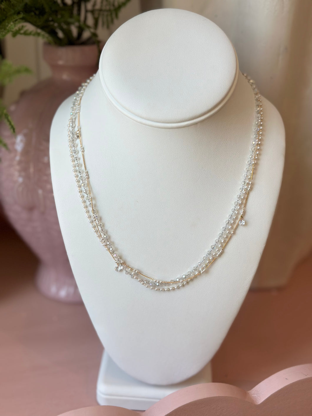 3 Strand Pearl & Crystal Necklace