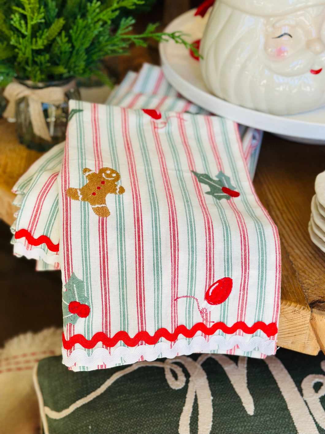 Embroidered Striped Xmas Icon Tea Towels