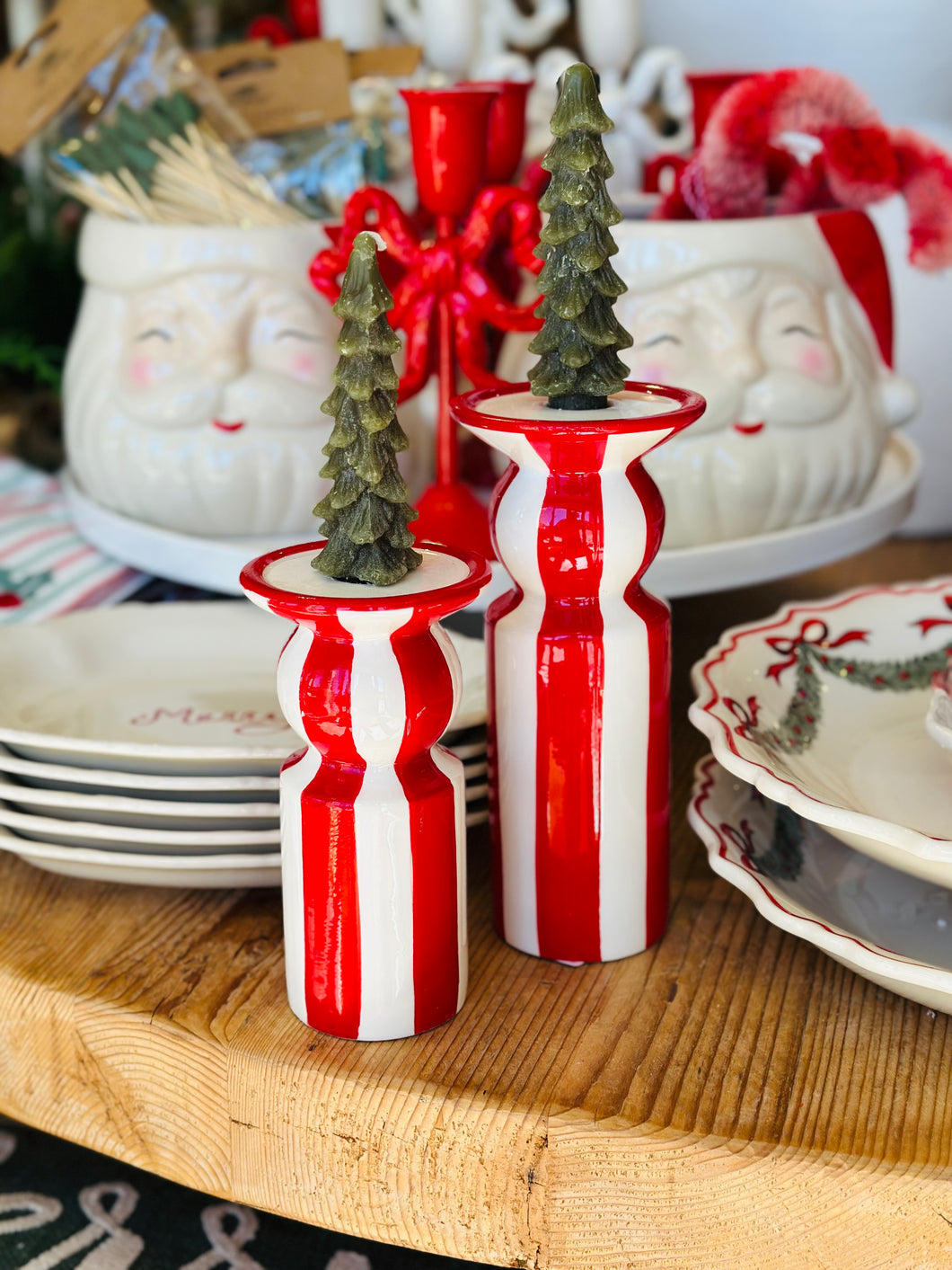 Red & White Striped Ceramic Taper Holder