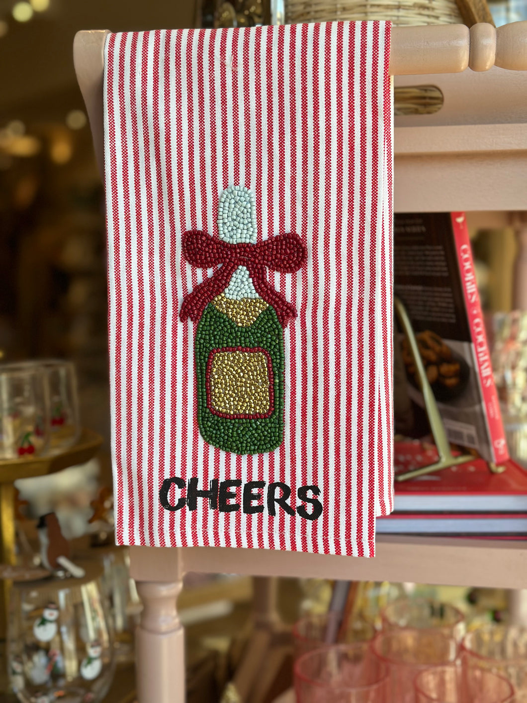 Red Striped Beaded Champs Tea Towel