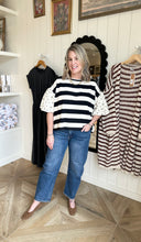 Load image into Gallery viewer, Black &amp; Ivory Puff Sleeve Striped Knit Top- Plus Sizes Available

