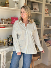 Load image into Gallery viewer, Oversized Blue &amp; Ivory Stripe Cotton Button Up
