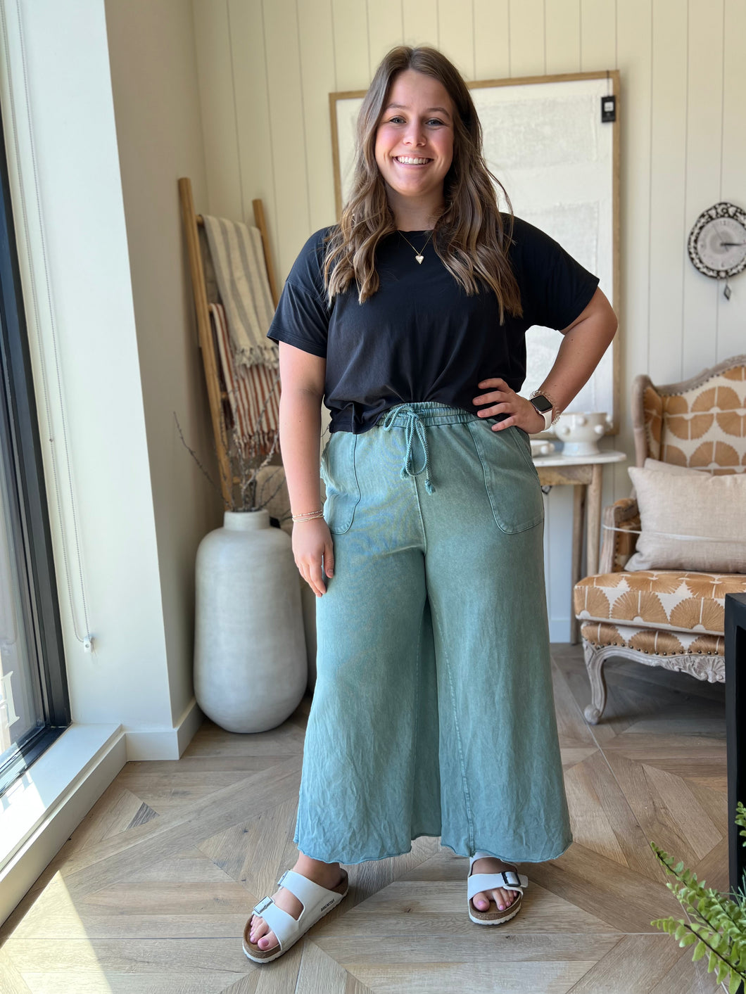 Teal Green Mineral Washed Wide Leg Pant