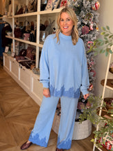Load image into Gallery viewer, Dusty Blue Lace Hem Sweatpant Set
