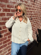 Load image into Gallery viewer, White Pinstripe Boyfriend Button Up
