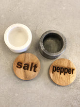 Load image into Gallery viewer, Set of Marble Salt &amp; Pepper Pots w/ Wood Lids
