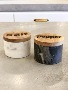 Set of Marble Salt & Pepper Pots w/ Wood Lids